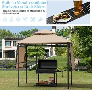 "Transform your outdoor gatherings with the Tangkula 13.5x4 Ft Grill Gazebo featuring dual side awnings and double-tiered BBQ space. Perfect for patios, gardens, beach, or terraces."