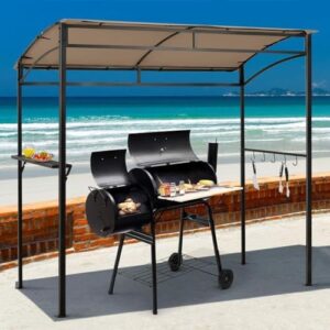Elevate your backyard BBQ experience with the Moccha 7x4.4ft Grill Gazebo featuring storage shelf, hanging hooks, beer opening setting and heavy-duty metal frame for a perfect patio or garden setup