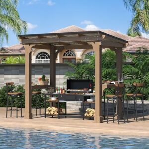 Enhance your backyard gatherings with the VEIKOU 8'x5' Grill Gazebo, featuring a hardtop metal roof, rainwater drainage, and wood frame. Perfect for BBQs and outdoor dining in light mocha brown.