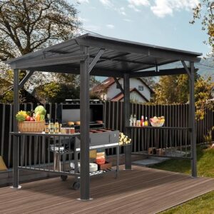 Here is the generated SEO meta description:

"Transform outdoor gatherings with Domi's 6.5x12FT Hardtop Grill Gazebo featuring galvanized steel roof, 2 side shelves and ceiling hooks for patio, lawn, backyard or deck use, perfect for gray days. Enjoy cooking and relaxing in style!"
