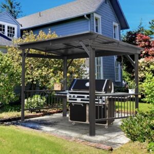 Here is the generated SEO meta description:

"Transform outdoor gatherings with Domi's 6.5x12FT Hardtop Grill Gazebo featuring galvanized steel roof, 2 side shelves and ceiling hooks for patio, lawn, backyard or deck use, perfect for gray days. Enjoy cooking and relaxing in style!"