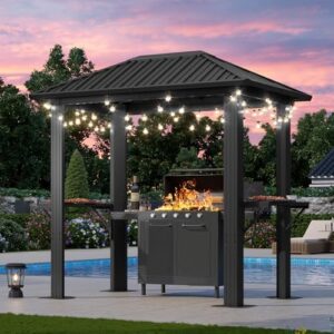 Here is the meta description:

"Create an outdoor oasis with the Aoxun Grill Hardtop Gazebo, featuring a 5x8 ft galvanized steel roof and aluminum shelves for storage. Perfect for lawns, gardens, patios, and backyards."