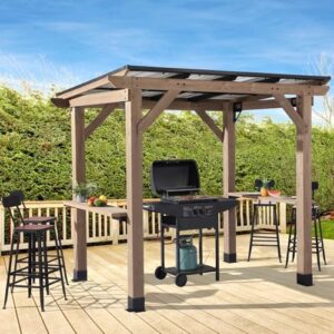 Enhance your outdoor gatherings with this 8x6 FT Wood Grill Gazebos featuring a hardtop sloping steel roof and cedar frame. Perfect for BBQs, garden parties, or deck gatherings, it includes 2 side storage shelves for extra convenience.