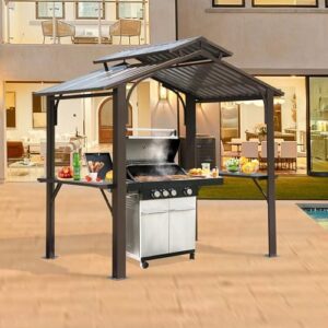 Discover the Domi 8x5FT Hardtop Grill Gazebo, featuring 2 side shelves and ceiling hook. Perfect for patio lawn or backyard use, this metal grill canopy offers galvanized steel double roof protection.
