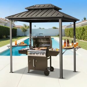 Upgrade your outdoor cooking experience with MELLCOM's Grill Gazebo, featuring a galvanized steel double roof, hardtop canopy, and 2 side shelves. Perfect for backyard gatherings!