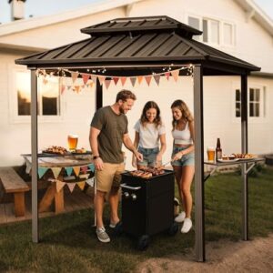Upgrade your outdoor cooking experience with MELLCOM's Grill Gazebo, featuring a galvanized steel double roof, hardtop canopy, and 2 side shelves. Perfect for backyard gatherings!