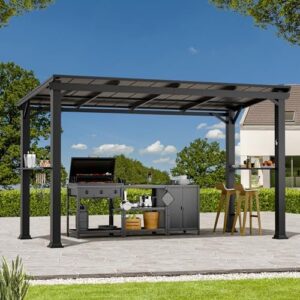 Here is the generated SEO meta description:

"Enhance your backyard gatherings with this 6'x12' gazebo featuring a sturdy rustproof design, side shelf, bottle opener, and hooks. Perfect for patio, garden, or grill use."