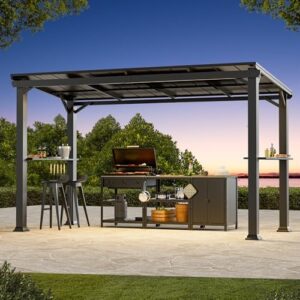 Here is the generated SEO meta description:

"Enhance your backyard gatherings with this 6'x12' gazebo featuring a sturdy rustproof design, side shelf, bottle opener, and hooks. Perfect for patio, garden, or grill use."