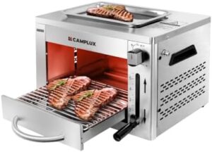 "Sear to perfection with the Camplux Propane Infrared Steak Grill, reaching 1600°F fast and efficiently. Perfect for outdoor BBQs, picnics, or steak nights with friends."