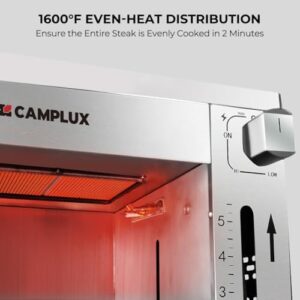 "Sear to perfection with the Camplux Propane Infrared Steak Grill, reaching 1600°F fast and efficiently. Perfect for outdoor BBQs, picnics, or steak nights with friends."
