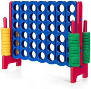 Here is the optimized SEO meta description:

"Unleash fun for all ages with this GLACER Giant 4-in-A-Row game set, featuring 42 jumbo rings and a quick-release slider. Perfect for indoor or outdoor play, great value for kids & adults!"