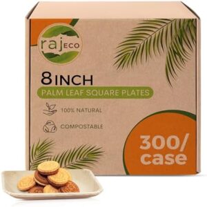 Here is the generated meta description:

"Elevate your events with these Raj Palm Leaf Plates [50-Pack] 8" Square Plates, compostable and strong for weddings, parties, or camping. Perfect for serving 300 guests!"