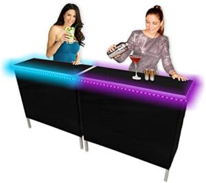 "Get the party started with this sleek PARTYPONG bar featuring patented LED lights, storage shelf, and black skirt. Perfect for events or everyday use."