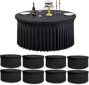 Elevate your party decor with Leegleri's 8 Pack Spandex Black Round Tablecloths, featuring stretchy fitted designs up to 132in and wrinkle-free construction perfect for weddings, birthdays, and banquets.