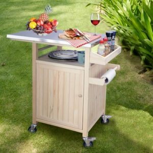 Here is the output:

"Upgrade your outdoor grilling experience with Burly Wood's portable grill cart featuring stainless steel top, solid wood construction and storage for utensils. Perfect for camping and BBQs."