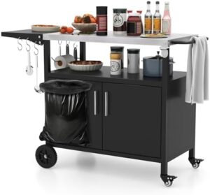 "Upgrade your outdoor cooking experience with the HAPPYGRILL Outdoor Grill Cart. Features stainless steel top, foldable side table, storage cabinet and 6 hooks for utensils. Perfect for parties, gatherings and picnics."