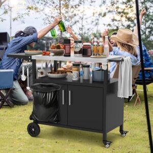 "Upgrade your outdoor cooking experience with the HAPPYGRILL Outdoor Grill Cart. Features stainless steel top, foldable side table, storage cabinet and 6 hooks for utensils. Perfect for parties, gatherings and picnics."