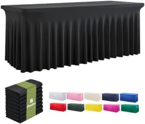 Here is the generated meta description:

"Transform your events with these stretch fitted tablecloths featuring 8 wrinkle-free black spandex cloths perfect for 6ft tables, ideal for parties, weddings and birthdays"