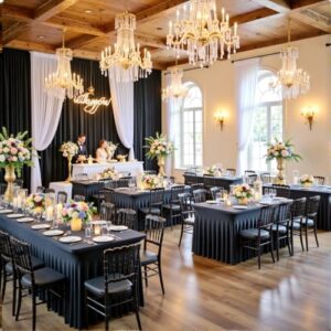 Here is the generated meta description:

"Transform your events with these stretch fitted tablecloths featuring 8 wrinkle-free black spandex cloths perfect for 6ft tables, ideal for parties, weddings and birthdays"