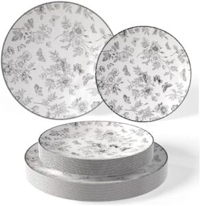 Discover 200 pcs of black floral plastic plates for parties and weddings. Trendables' disposable dinnerware sets include 100 x 8" and 100 x 10" plates, perfect for your special occasion needs.