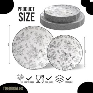 Discover 200 pcs of black floral plastic plates for parties and weddings. Trendables' disposable dinnerware sets include 100 x 8" and 100 x 10" plates, perfect for your special occasion needs.