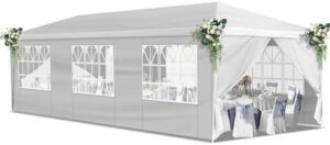 Transform your outdoor celebrations with this 10x30 FT Party Tent featuring 7 removable sidewalls and waterproof canopy, perfect for weddings, birthdays, BBQs, and events.