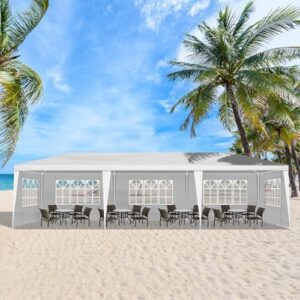 Transform your outdoor celebrations with this 10x30 FT Party Tent featuring 7 removable sidewalls and waterproof canopy, perfect for weddings, birthdays, BBQs, and events.