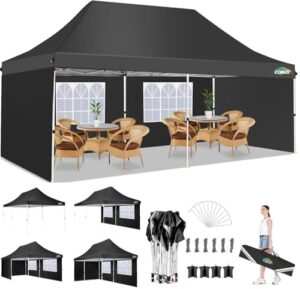 Here is the output:

"Stay dry and comfortable at your 10x20 party tent with adjustable height canopy, waterproof and UV-resistant, perfect for outdoor events, includes carry bag and accessories"