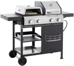 Cook up a flavorful experience outdoors with this 2+2 Multi-function Burner Gas Grill and Griddle Combo. Perfect for camping or tailgating, it BBQs, fries, and cooks pizzas to perfection, all under one convenient cover.