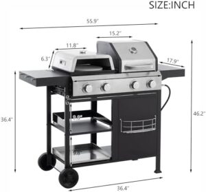 Cook up a flavorful experience outdoors with this 2+2 Multi-function Burner Gas Grill and Griddle Combo. Perfect for camping or tailgating, it BBQs, fries, and cooks pizzas to perfection, all under one convenient cover.
