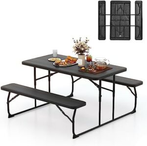 Discover the Tangkula Folding Picnic Table with 2 Benches, featuring a metal frame and wood-like texture tabletop. Perfect for outdoor gatherings, camping trips, or backyard BBQs.