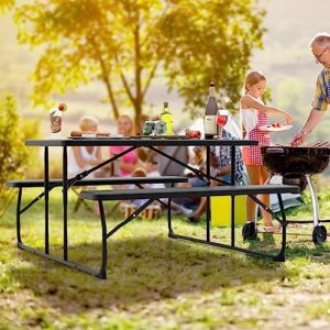 Discover the Tangkula Folding Picnic Table with 2 Benches, featuring a metal frame and wood-like texture tabletop. Perfect for outdoor gatherings, camping trips, or backyard BBQs.