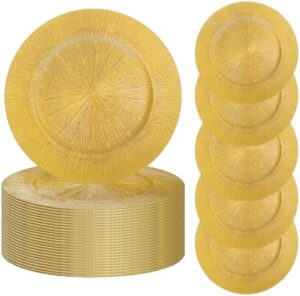 Elevate your wedding decor with Henilosson's 100 Pcs Pearlescent Gold Charger Plates. Reusable and perfect for floral arrangements, these plastic plates measure 13 inches in diameter. Save big on this bulk pack!
