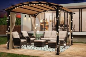 Elevate your outdoor space with this sturdy 11'x11' pergola featuring an arched top and metal steel frame. Perfect for BBQs & gatherings, its beige canopy provides shade and style.