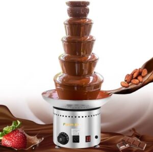 Discover the perfect party starter with this Commercial 5-Tier Chocolate Fountain, featuring 13.2 lbs of nacho cheese and stainless steel construction for easy cleaning.