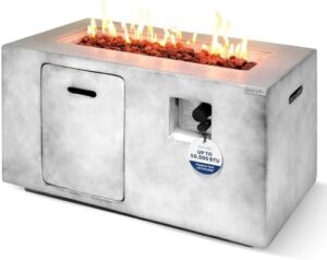 Here is the optimized SEO meta description:

"Experience cozy gatherings with Serenelife's 50,000 BTU propane gas fire pit, featuring adjustable flame and stainless steel burner. Perfect for parties and BBQs, it's weather resistant and easy to use, with lava rock accents."