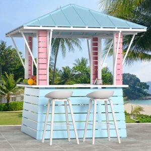 "Unleash backyard gatherings with the Modern Shade Permanent Coastal Dream Outdoor Bar, featuring USB charging and hooks. Perfect for swimming pool parties, BBQs, and galvanized steel construction."