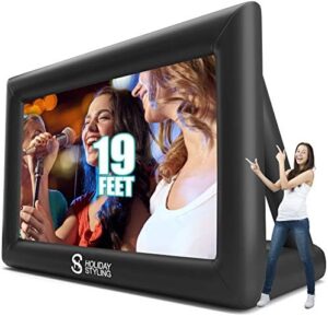 Here is the optimized meta description:

"Transform your outdoor space with this 19FT giant inflatable projector screen perfect for backyard movie nights, pool parties and BBQs. Thick airtight material for front/rear projection."