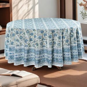 Elevate your table setting with the Ridhi Asparagus Green 100% Cotton Round Tablecloth, hand block printed for a unique design. Perfect for farmhouse parties, buffets, and weddings.