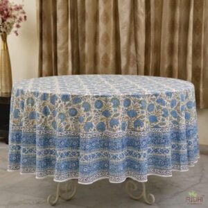 Elevate your table setting with the Ridhi Asparagus Green 100% Cotton Round Tablecloth, hand block printed for a unique design. Perfect for farmhouse parties, buffets, and weddings.