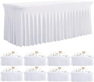 Protect your tables from spills and scratches with Outpain's 8-pack of white spandex tablecloths. Perfect for parties, weddings, and more, these wrinkle-free covers feature a skirted design for effortless setup.