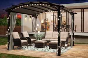 Elevate your outdoor living space with Meetleisure's 11'x11' pergola featuring arched top, metal steel frame, and Textilene canopy. Perfect for BBQs and family gatherings. Save big on this sturdy and stylish grey top structure!