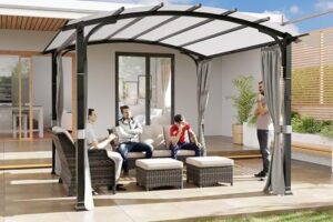 Elevate your outdoor living space with Meetleisure's 11'x11' pergola featuring arched top, metal steel frame, and Textilene canopy. Perfect for BBQs and family gatherings. Save big on this sturdy and stylish grey top structure!