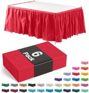 Add a touch of elegance to your party decor with Exquisite's Ruffle Table Skirt Red, 48-pack, perfect for rectangle tables (6ft+) or round tables. Includes adhesive strips for easy setup.