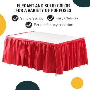Add a touch of elegance to your party decor with Exquisite's Ruffle Table Skirt Red, 48-pack, perfect for rectangle tables (6ft+) or round tables. Includes adhesive strips for easy setup.