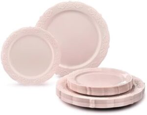 Host a memorable vintage-inspired wedding with the OCCASIONS 240 Plates Pack, featuring 120x10.25'' dinner plates and 120x7.5'' salad/dessert plates in Portofino Light Pink/Blush for up to 120 guests.