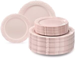 Host a memorable vintage-inspired wedding with the OCCASIONS 240 Plates Pack, featuring 120x10.25'' dinner plates and 120x7.5'' salad/dessert plates in Portofino Light Pink/Blush for up to 120 guests.