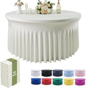 Transform your dining experience with Outpain's 12-pack of spandex ivory round tablecloths, featuring stretchy fitted designs and a 5FT skirt for wedding parties, banquets, or everyday use, perfect for tables up to 60in.