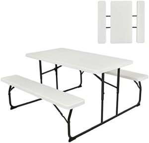 Experience outdoor living with this Folding Picnic Table and Bench Set featuring a wood grain design and steel frame construction. Perfect for camping, BBQs, parties, or picnics, it's compact and easy to set up, fitting 2 adults comfortably.