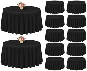 "Elevate your dining experience with this Showgeous 12-pack of black round tablecloths. Made from washable polyester, these decorative fabric covers are perfect for weddings, parties, and more. Includes 120-inch tablecloth, ideal for any occasion."